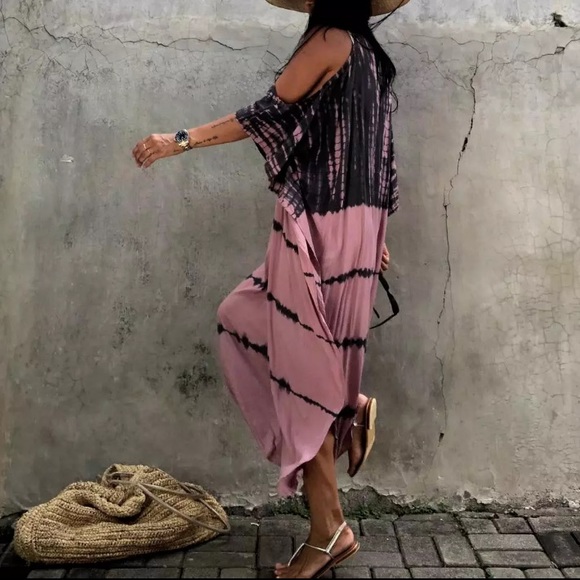 SOLD OUT Tie Dye Cold Shoulder Coverup Maxi Dress - Picture 4 of 8